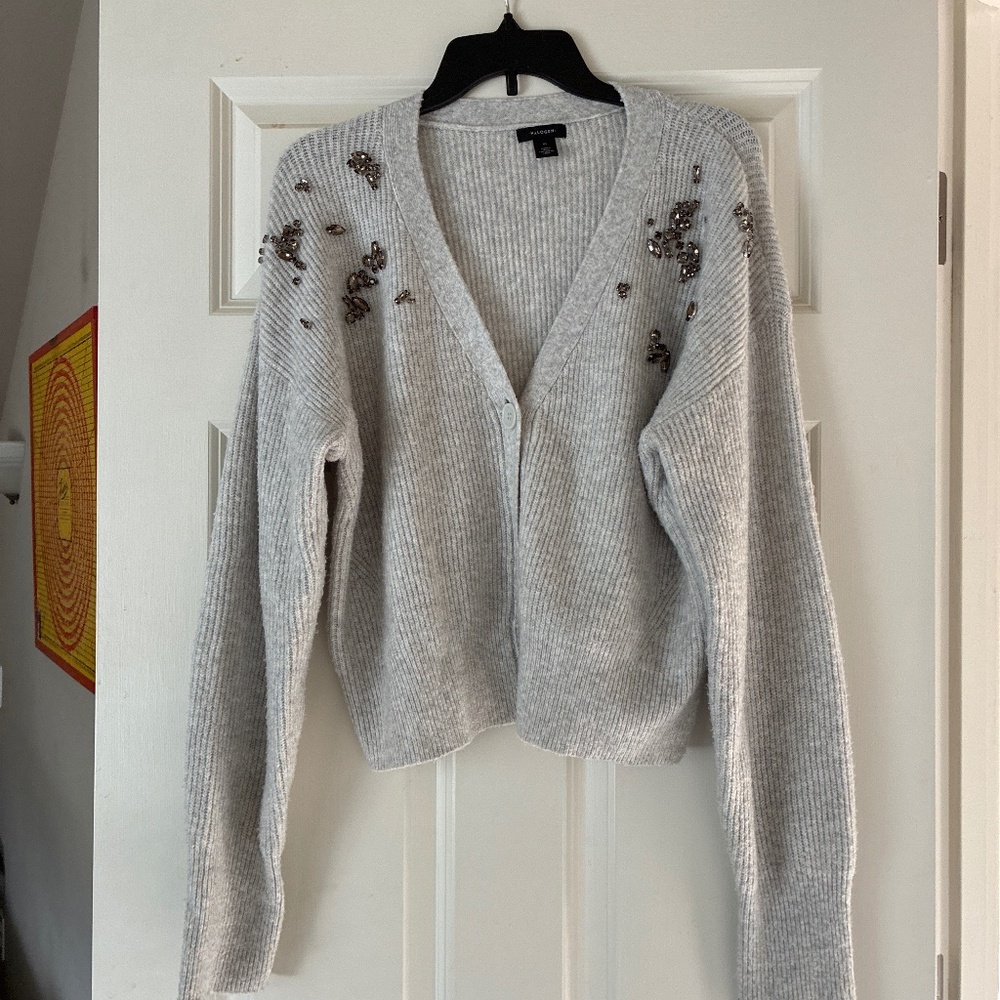 Halogen Light Gray Embellished V-Neck Cardigan